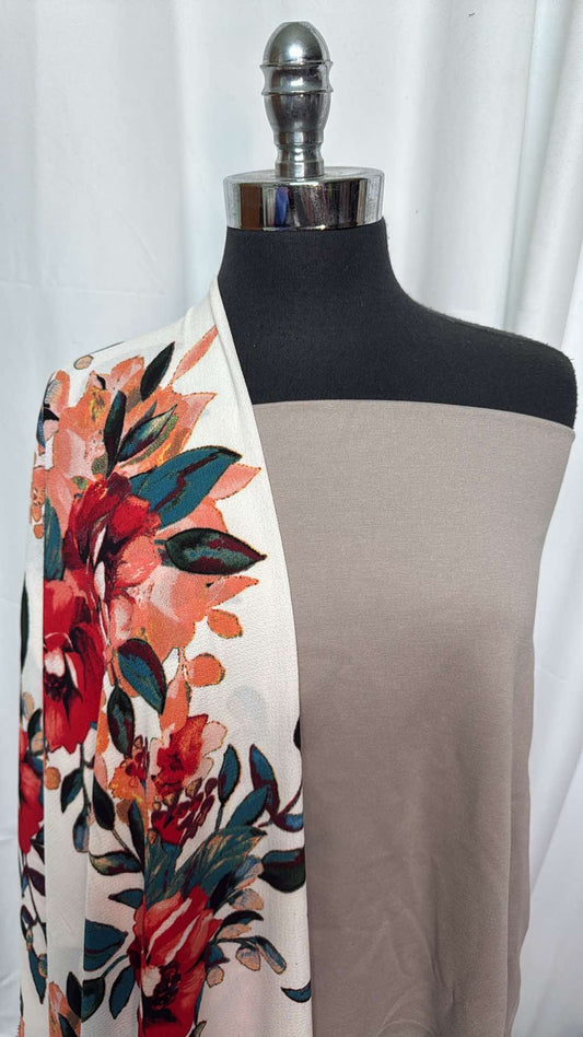 TAUPE/WHITE FLORAL BUNDLE : 2YD Taupe Nylon Ponte & 2YD White Floral Bubble Crepe : A27203