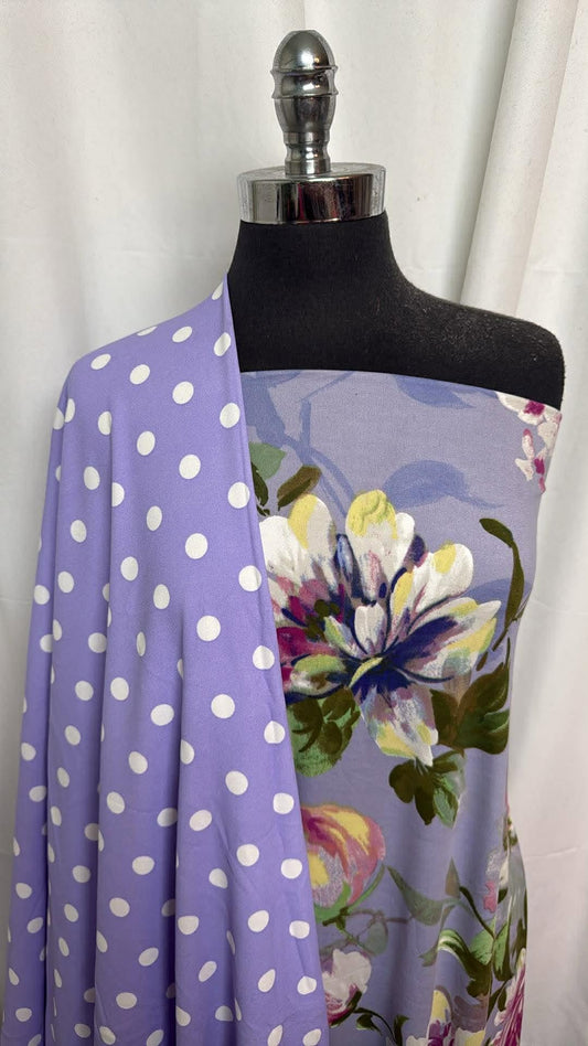 LAVENDER DOT/FLORAL BUNDLE : 2YD Lavender Dot Crepe Scuba & 2YD Floral DBP : A30460
