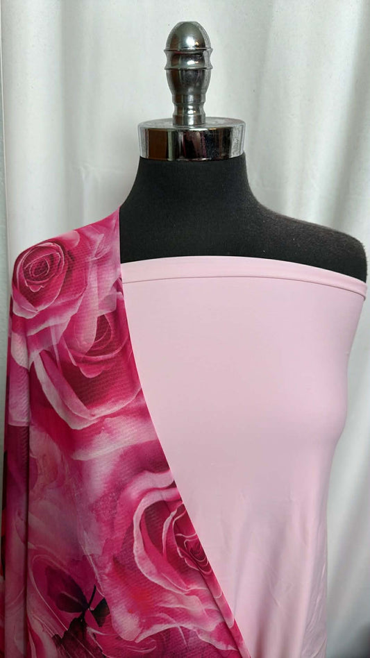 LIGHT PINK/ROSES BUNDLE : 2YD Light Pink N/S Swim & 1YD Roses Stretch Mesh : A29816