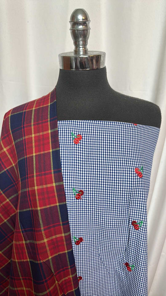 PLAID/GINGHAM CHERRIES BUNDLE : 2YD Plaid Cotton Woven & 2YD Embroidered Cherries Poly Gingham : A27901