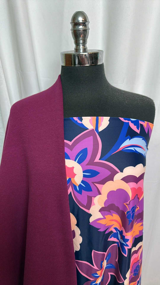 MAGENTA/NAVY FLORAL BUNDLE : 2YD Navy Floral N/S & 1.5YD Magenta Sweatshirt Fleece : A29292