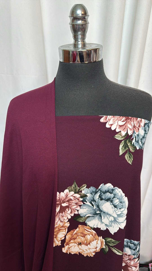 WINE FLORAL BUNDLE : 2YD Wine Floral Crepe Scuba & 3YD Wine Nylon Ponte : A27714