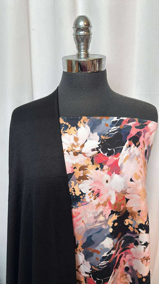 BLACK/BLUSH FLORAL BUNDLE : 33" Cut of Black/Blush Floral Peached PF & 2YD Black Baby FT : A26926