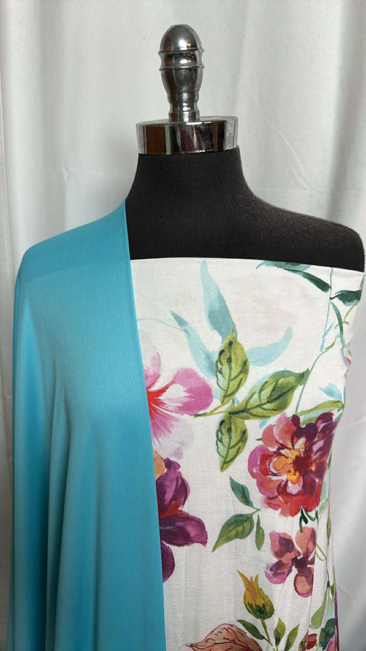 AQUA/WHITE FLORAL BUNDLE : 2YD White Floral Modal/Spandex & 2YD Aqua P/S Rib : A29889