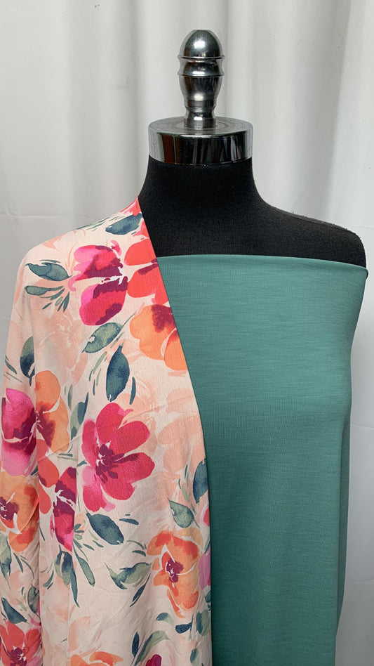 TEAL/FLORAL WOVEN BUNDLE : 2YD Teal Rib Peached PF & 2YD Floral Poly Woven : A25273