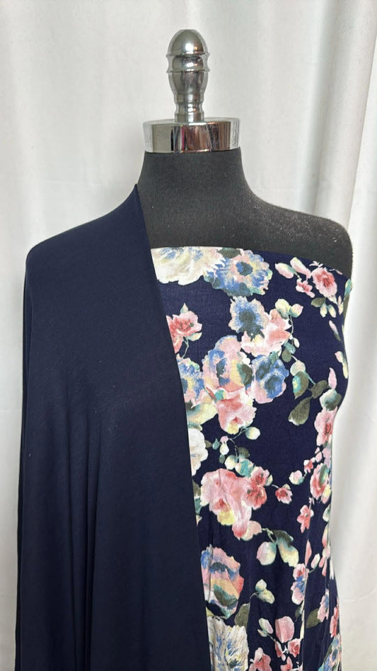 NAVY/FLORAL BUNDLE : 1.5YD Floral R/S & 2YD Navy Modal Ponte : A30472