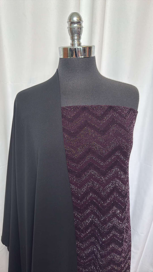 BLACK/PURPLE LUREX BUNDLE : 1.5YD Purple Lurex Jacquard DK & 2YD Black Special Purchase Peached-Face PF : A26092