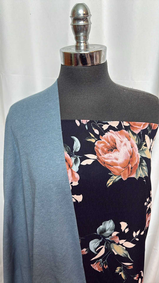 TEAL/NAVY FLORAL BUNDLE : 2YD Navy Floral Poly Woven & 1YD Teal 1x1 Combed Cotton Rib : A28063