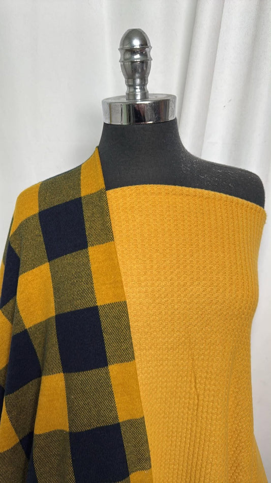 MUSTARD/NAVY PLAID BUNDLE : 2YD Mustard Brushed Waffle & 3YD Navy/Mustard Plaid Hacci SK : A30958