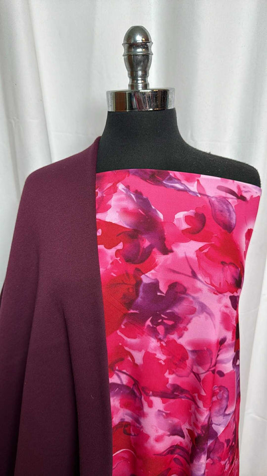 BURGUNDY/FLORAL BUNDLE : 1YD Floral ITY & 1YD Burgundy Sweatshirt Fleece (72" Wide) : A29342