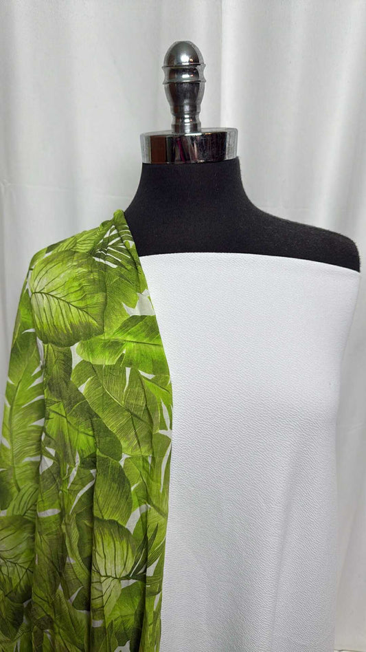 WHITE/GREEN LEAVES BUNDLE : 3YD White Liverpool & 3.5YD Green Leaves Cotton Lawn : A29159