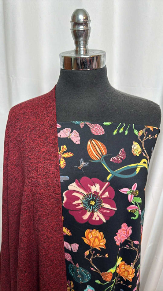 RED/BLACK FLORAL BUNDLE : 1+YD Floral Yoga PF (Flaw) & 2YD Mid-Weight PF : A28280