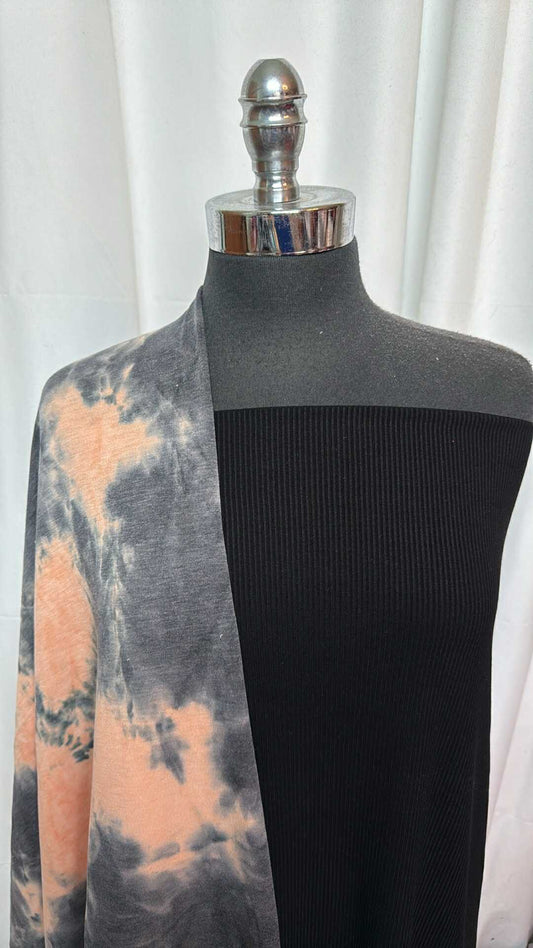 BLACK/ORANGE-GREY TIE DYE BUNDLE : 2YD Black Heavy C/S Rib & 2YD Orange/Grey Tie Dye Brushed FT : A27748