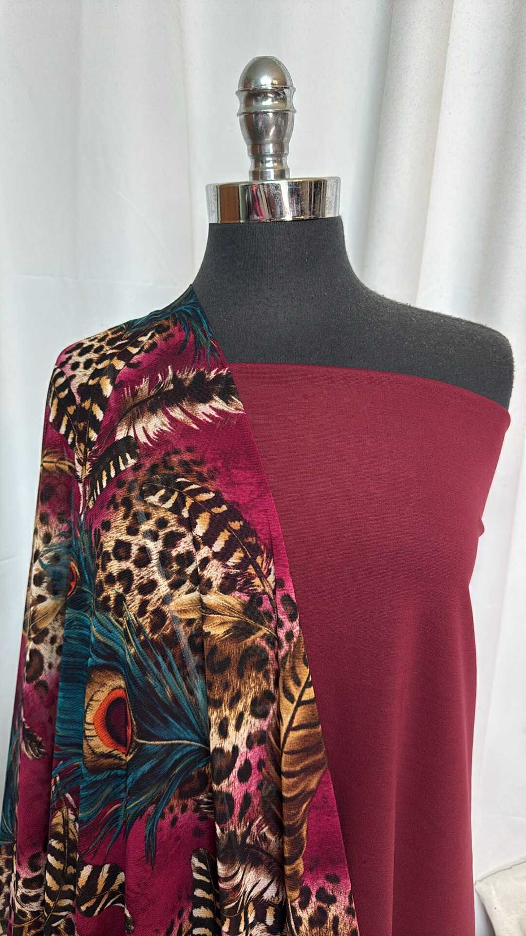 WINE FEATHERS BUNDLE : 2YD Wine Nylon Ponte & 2.5YD Feather Stretch Mesh : A28856