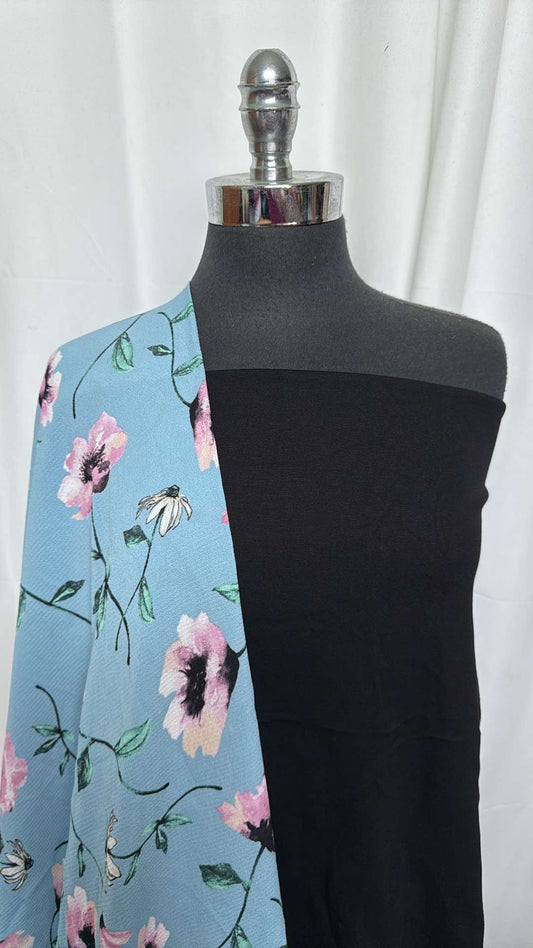 BLACK/BLUE FLORAL BUNDLE : 2YD Black Nylon Ponte & 2YD Blue Floral Bubble Crepe : A27291