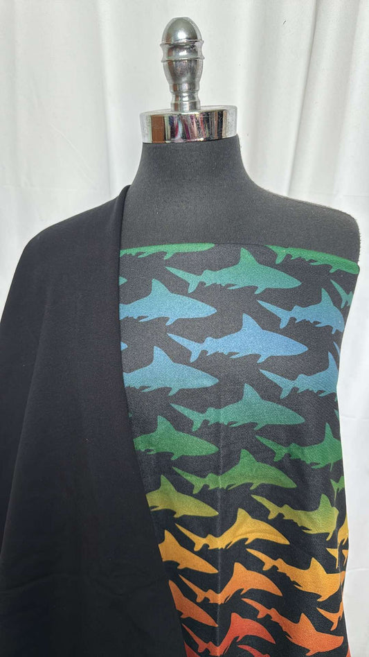 BLACK/RAINBOW SHARKS BUNDLE : 1+YD Rainbow Sharks Poly Fleece & 2YD Black Heavy Brushed C/S FT : A27293