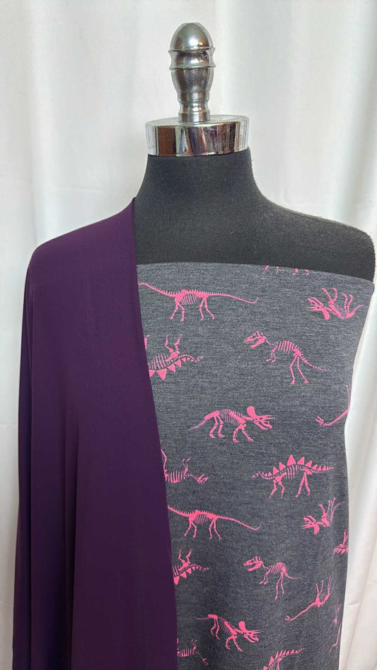 PURPLE/CHARCOAL DINO BUNDLE : 2YD Charcoal/Fuchsia Dino PRS FT & 1.5YD Purple Brushed-Back PF : A27619