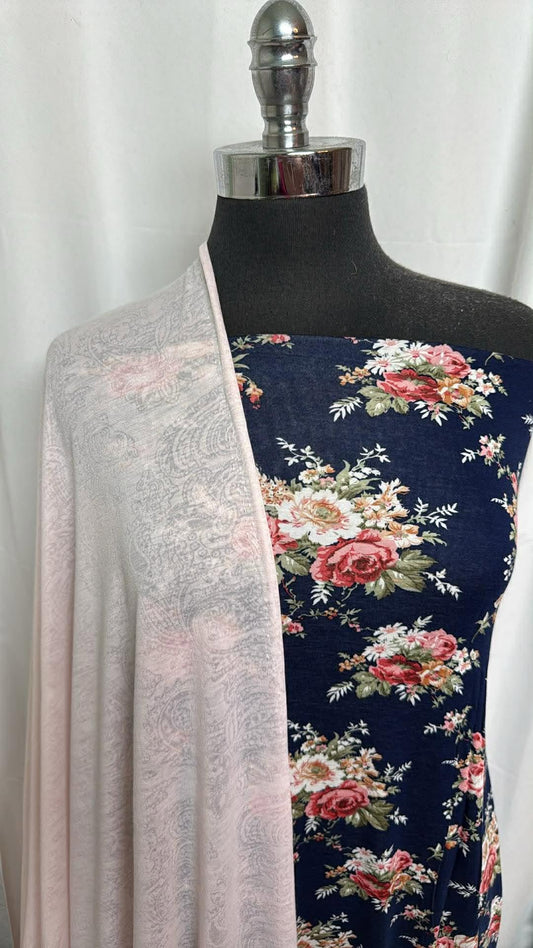 NAVY FLORAL/PAISLEY BURNOUT BUNDLE : 2YD Navy Floral R/S & 4YD Paisley PRS Burnout : A30221