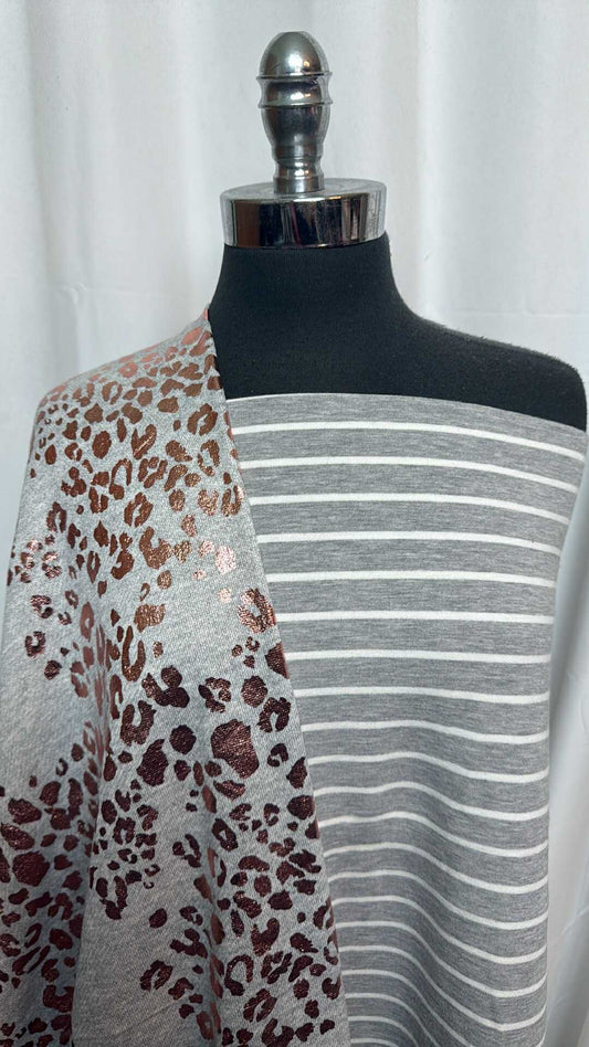 GREY STRIPE/FOIL LEOPARD BUNDLE : 2YD Grey Stripe Brushed FT & 1.5YD Leopard Foil Cotton-Blend FT : A28414