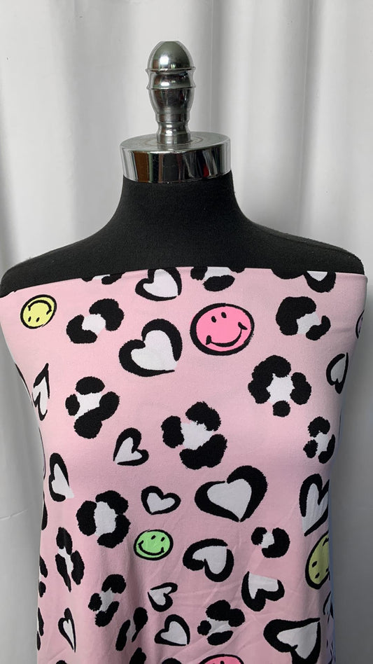 Pink Leopard Hearts/Smiles - Double Brushed Poly Spandex - By the Yard