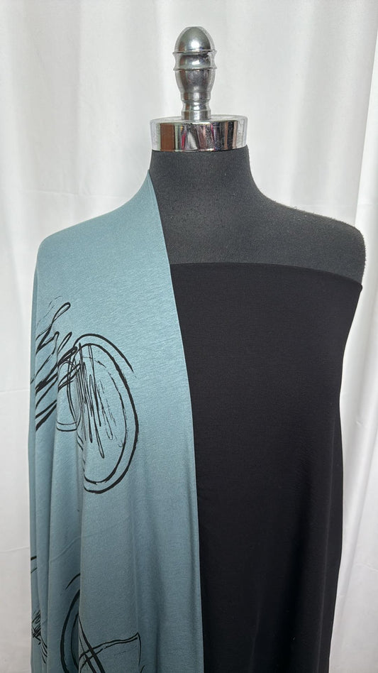 BLACK/BLUEBIRD ABSTRACT BUNDLE : 2YD Black Cotton Ponte & 1+YD Bluebird Abstract Bamboo C/S : A27078