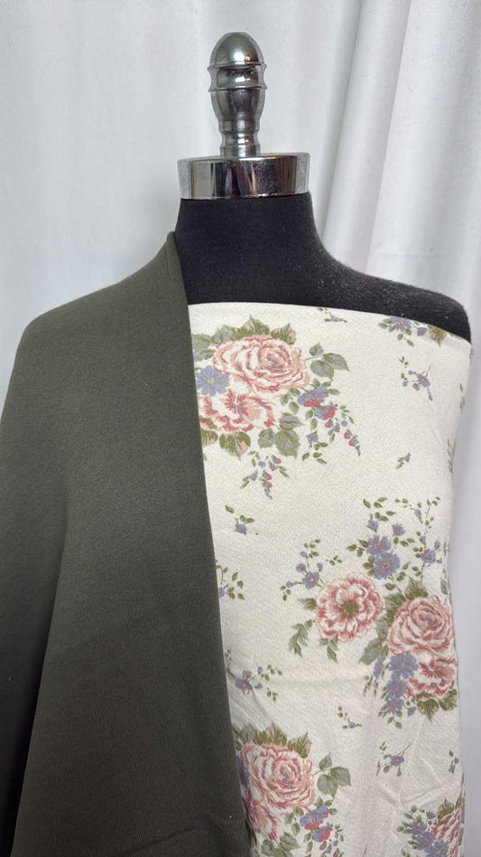 IVORY FLORAL/SWEATSHIRT BUNDLE :  2YD Solid Brushed Sweatshirt Fleece & 1YD Ivory Floral Cotton FT : A30757