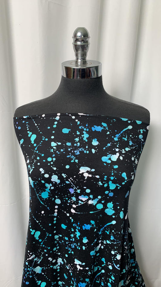 Blue Splatter on Black - Double Brushed Poly Spandex - 2 Yard Cut
