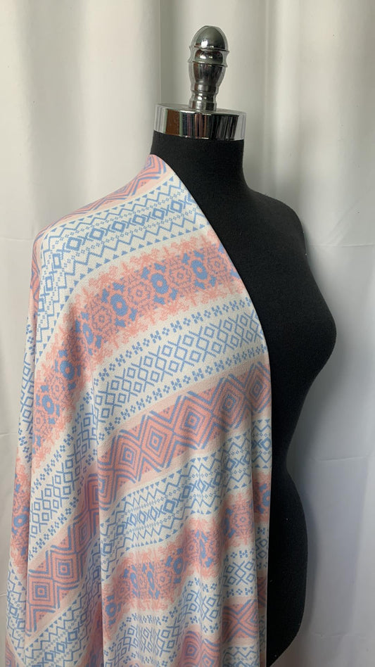 Blue/Coral Fancy Stripe - Oakley Brushed Sweater Knit - 3 Yard Cut