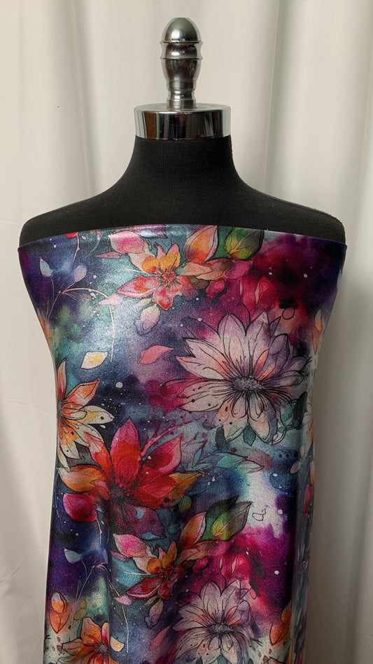 Bright Watercolor Floral on Silver - Foil Performance - 2 Yard Cut