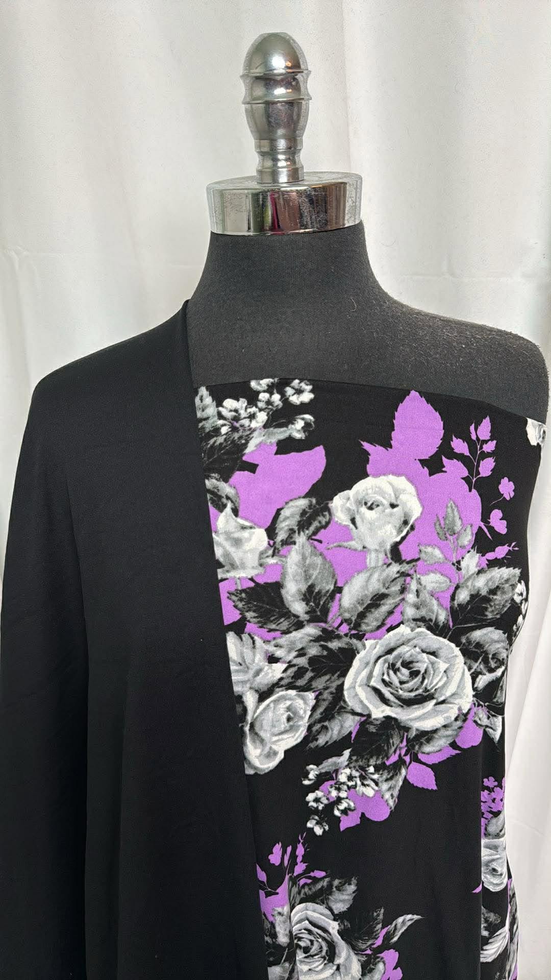 BLACK/PURPLE FLORAL BUNDLE : 2YD Black/Purple Floral DBP & 1.5YD+ Solid Black Peached PF : A30224