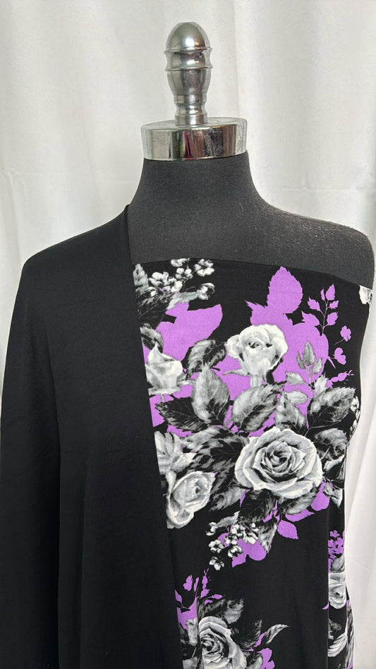BLACK/PURPLE FLORAL BUNDLE : 2YD Black/Purple Floral DBP & 1.5YD+ Solid Black Peached PF : A30224
