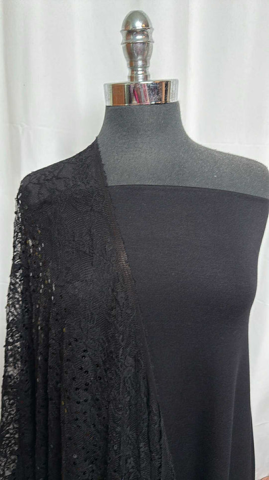 BLACK LACE BUNDLE : 2YD Black Modal/Spandex FT & 1+YD Black Stretch Lace w/Sequins : A28989