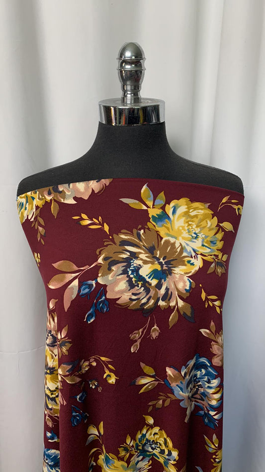 Burgundy Floral - Double Brushed Poly Spandex - 2 Yard Cut