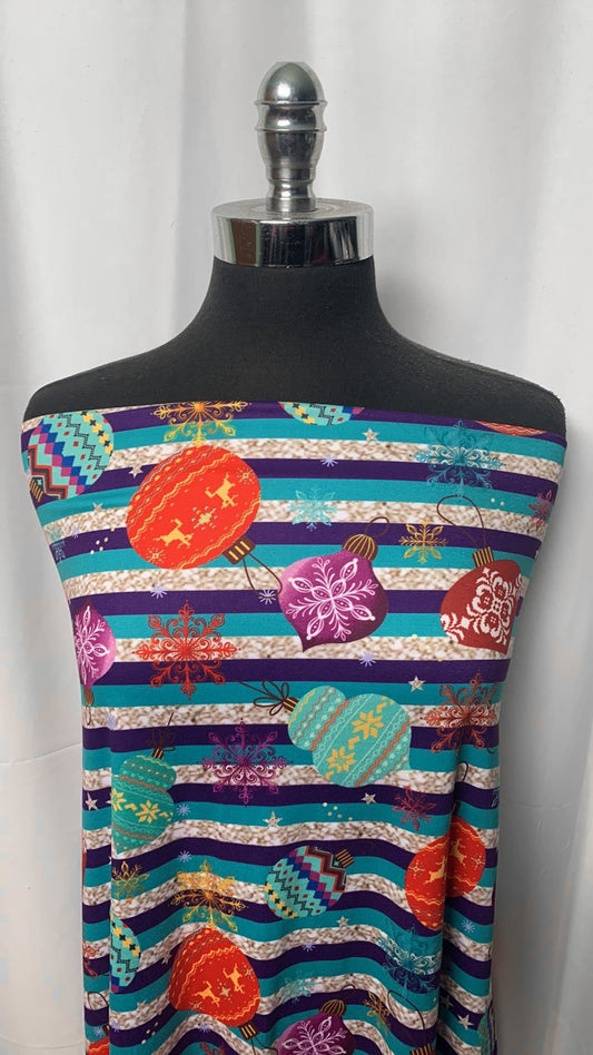 Holiday Ornaments on Stripes - Double Brushed Poly Spandex - 2 Yard Cut