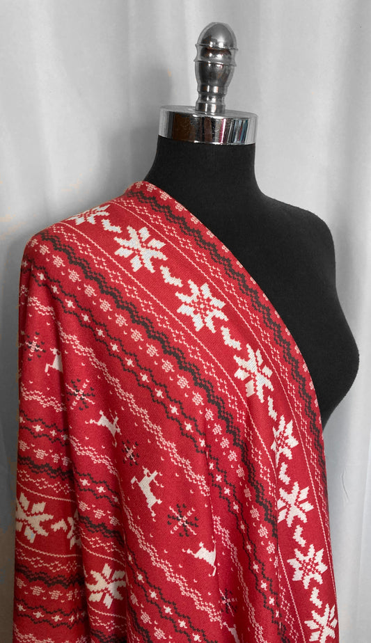 Red Snowflake/Deer Stripe - Hacci Sweater Knit - 2 Yard Cut