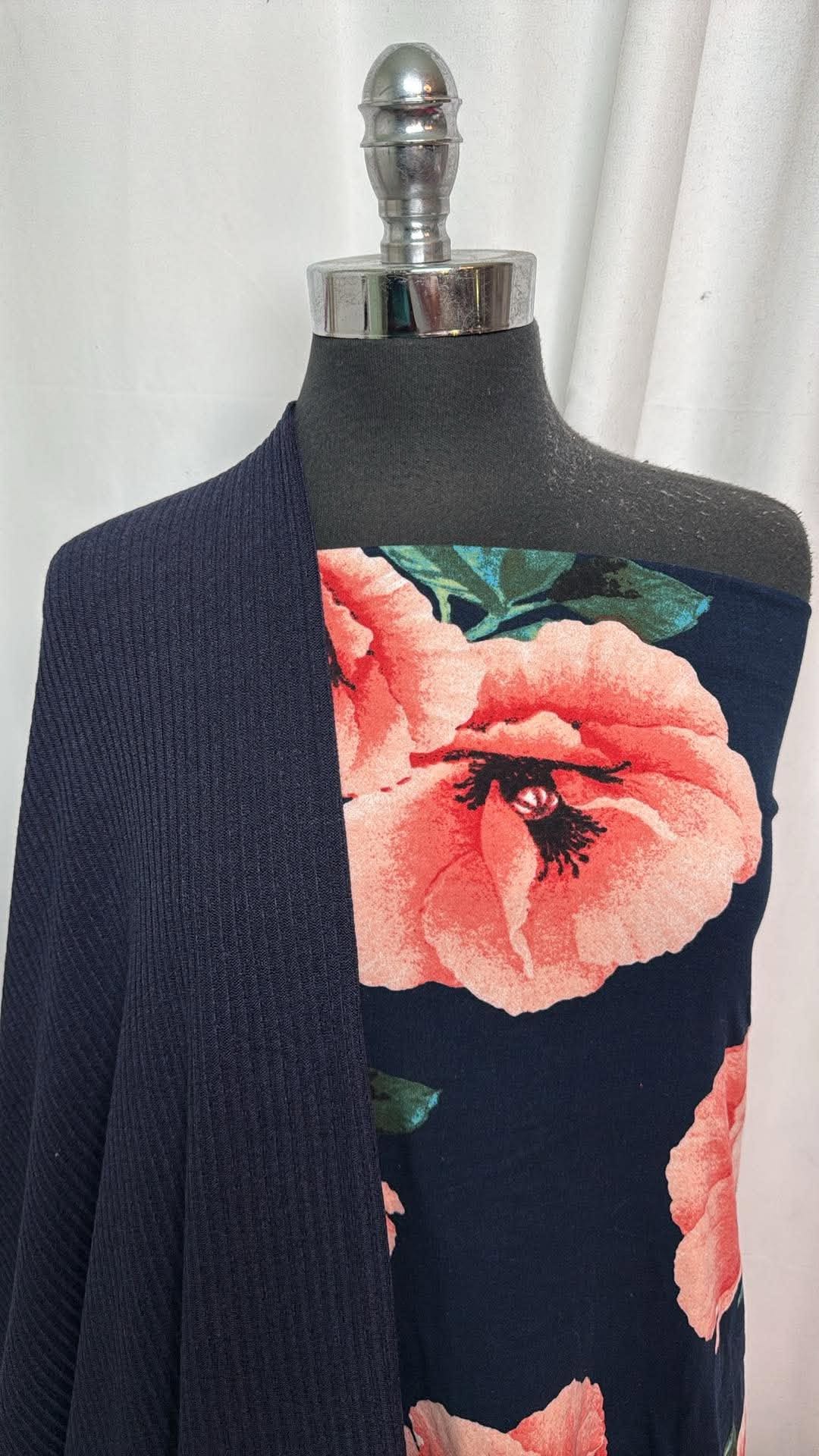 NAVY RIB/FLORAL BUNDLE : 45" Cut of Navy Rib SK & 2YD Navy Floral DBP : A31079