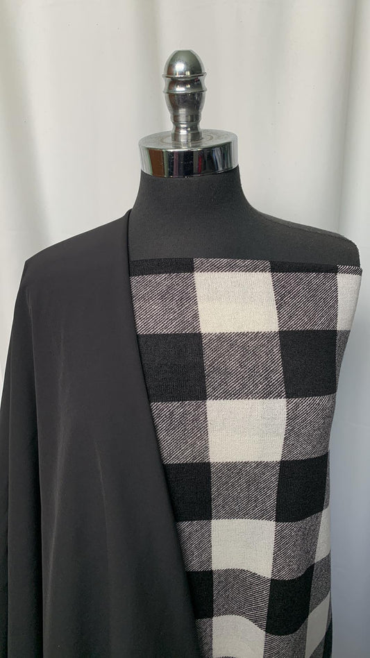 BLACK/IVORY PLAID BUNDLE : 2YD Black Fleece-Back Softshell (No Stretch) & 2YD Black/Ivory Plaid Hacci SK : A1529