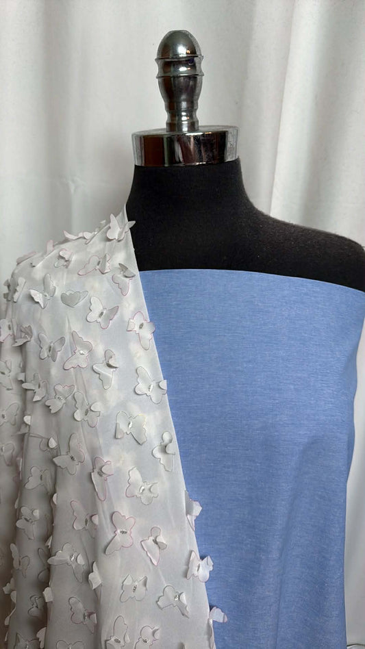 3D BUTTERFLY/CHAMBRAY BUNDLE : 2YD Chambray & 2YD 3D Butterfly Poly Woven : A29824