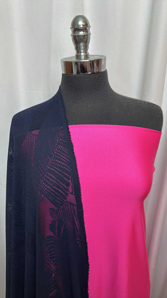NEON PINK/NAVY MESH BUNDLE : 2YD Neon Pink Shimmer Yoga PF & 2YD Navy Leaves Nylon Mesh : A28004