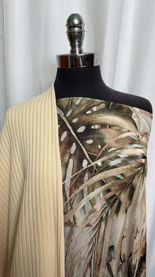 BUTTER/BROWN LEAVES BUNDLE : 2.5YD Brown Leaves Bulgari & 2YD Butter Cable Knit : A29854