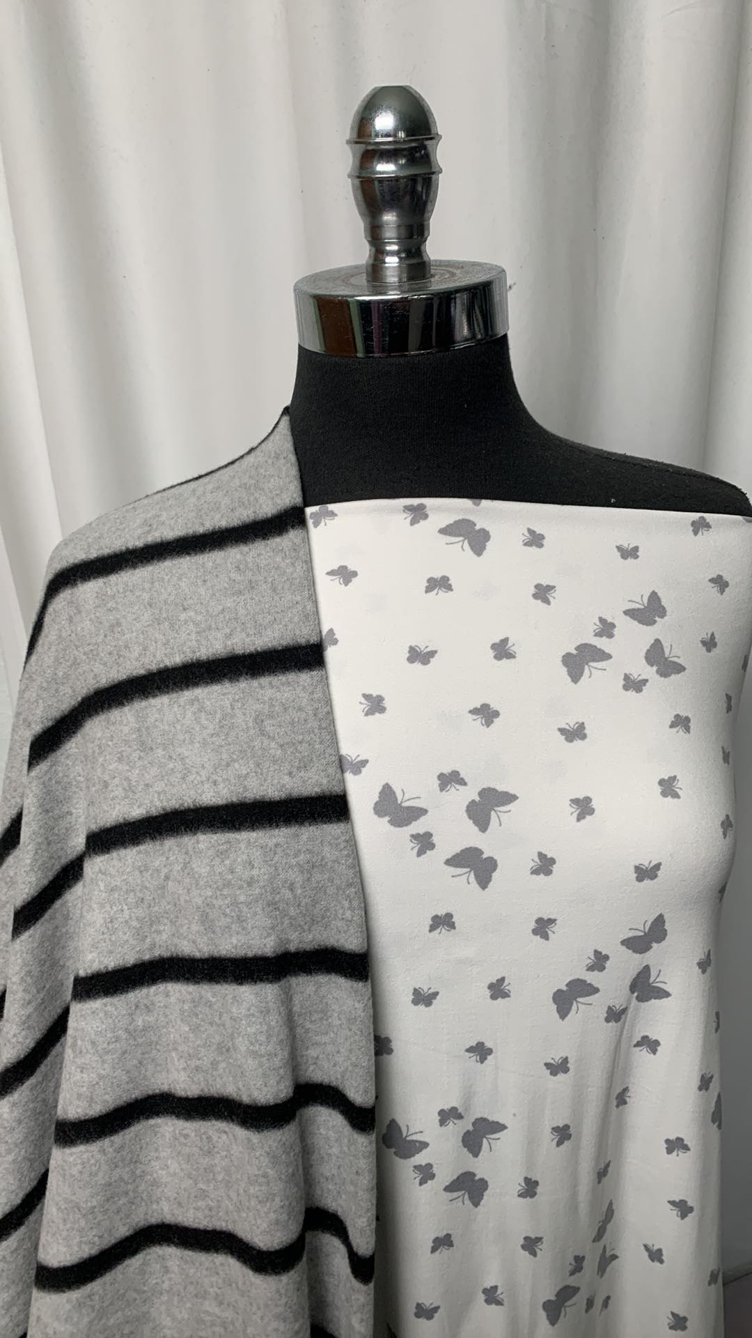SILVER BUTTERFLY STRIPE BUNDLE : 2YD White/Silver Butterfly DBP & 2YD Grey/Black Stripe Brushed Hacci SK : A1637
