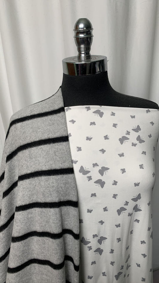 SILVER BUTTERFLY STRIPE BUNDLE : 2YD White/Silver Butterfly DBP & 2YD Grey/Black Stripe Brushed Hacci SK : A1637