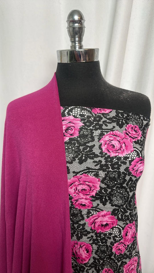 FUCHSIA/FLORAL LACE BUNDLE : 2YD Floral "Lace" Modal & 1YD Fuchsia Crepe SK : A30851