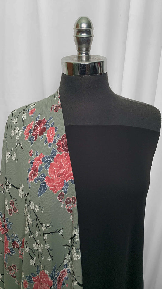 BLACK/BLOSSOMS BUNDLE : 2YD Black Poly Crepe Stretch Woven & 2YD Blossoms Crinkle Poly Woven : A25611