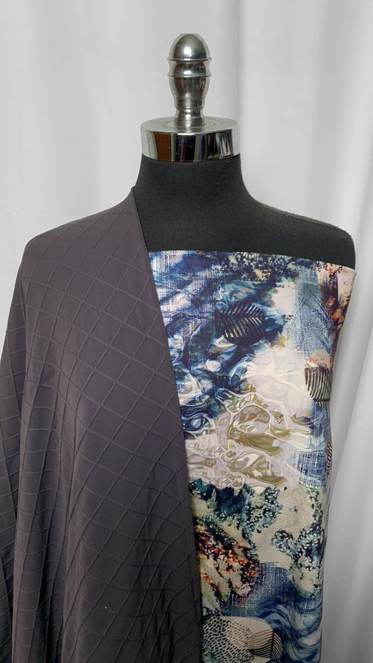 QUILTED/ABSTRACT BUNDLE : 1+YD Abstract Leaves PF & 1.5YD Charcoal Faux-Quilted Supplex : A2485