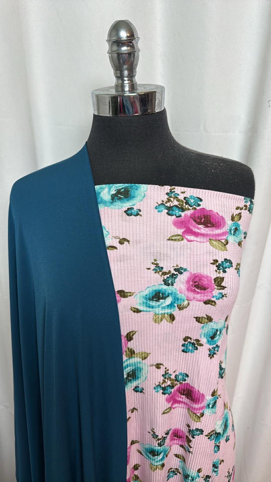 TEAL/PINK FLORAL BUNDLE : 2YD Pink Floral Rib R/S & 2YD Teal ITY : A30251