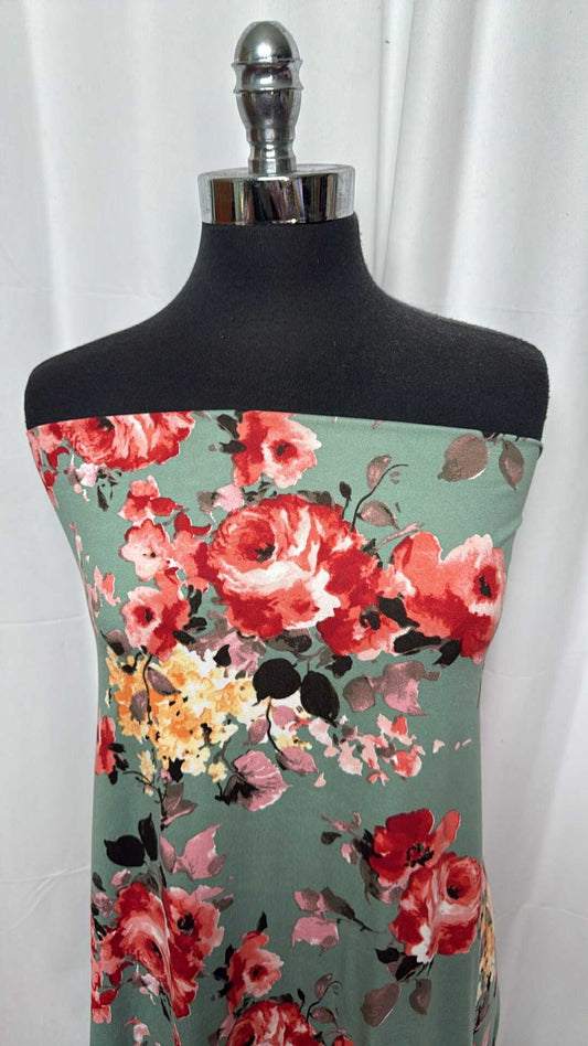Teal/Red Floral - Double Brushed Poly Spandex - 2 Yard Cut
