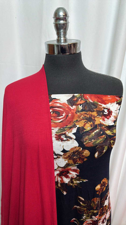 DARK FLORAL BUNDLE : 2YD Solid R/S Rib & 2YD Dark Floral R/S : A28022