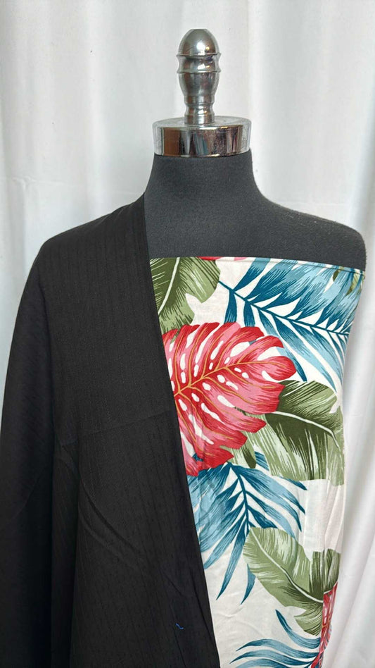 BLACK TEXTURED/LEAVES BUNDLE : 2YD Black Textured Woven & 2YD Leaves Rayon Challis : A27944