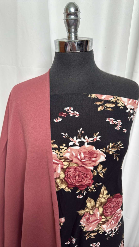 DARK BLUSH/BLACK FLORAL BUNDLE : 2YD Dark Blush Nylon Ponte & 2YD Black Floral DBP : A27331